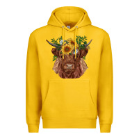 Lemon highland cow with sunflowers Premium Hoodie - RanaPortraitStore
