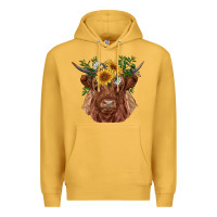 Mustard highland cow with sunflowers Premium Hoodie - RanaPortraitStore