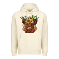 Sandshell highland cow with sunflowers Premium Hoodie - RanaPortraitStore