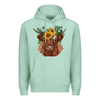 Seafoam highland cow with sunflowers Premium Hoodie - RanaPortraitStore