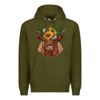 Army Green highland cow with sunflowers Premium Hoodie - RanaPortraitStore