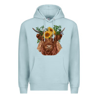 Blue Mist highland cow with sunflowers Premium Hoodie - RanaPortraitStore