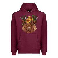 Burgundy highland cow with sunflowers Premium Hoodie - RanaPortraitStore