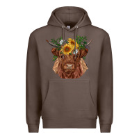 Coffee highland cow with sunflowers Premium Hoodie - RanaPortraitStore