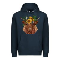 Navy highland cow with sunflowers Premium Hoodie - RanaPortraitStore