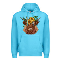 Ocean Blue highland cow with sunflowers Premium Hoodie - RanaPortraitStore