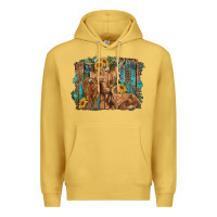 Antique Gold highland cow family cattle and calf with sunflower and turquoise backg Premium Hoodie - RanaPortraitStore