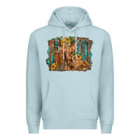 Blue Mist highland cow family cattle and calf with sunflower and turquoise backg Premium Hoodie - RanaPortraitStore