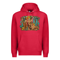 Cardinal highland cow family cattle and calf with sunflower and turquoise backg Premium Hoodie - RanaPortraitStore