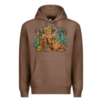 Chestnut highland cow family cattle and calf with sunflower and turquoise backg Premium Hoodie - RanaPortraitStore