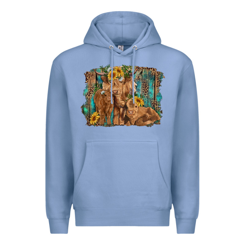 Highland Cow Family Cattle And Calf With Sunflower And Turquoise Backg Premium Hoodie by RanaPortraitStore | Teevron