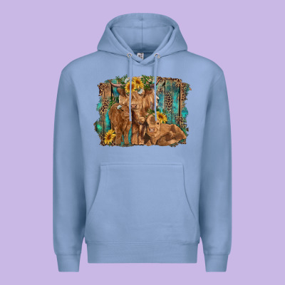 Highland Cow Family Cattle And Calf With Sunflower And Turquoise Backg Premium Hoodie Designed By Ranaportraitstore