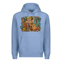 Colony Blue highland cow family cattle and calf with sunflower and turquoise backg Premium Hoodie - RanaPortraitStore