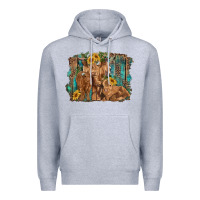 Heather Grey highland cow family cattle and calf with sunflower and turquoise backg Premium Hoodie - RanaPortraitStore
