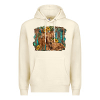 Sandshell highland cow family cattle and calf with sunflower and turquoise backg Premium Hoodie - RanaPortraitStore