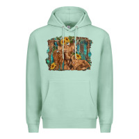 Seafoam highland cow family cattle and calf with sunflower and turquoise backg Premium Hoodie - RanaPortraitStore