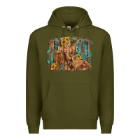 Army Green highland cow family cattle and calf with sunflower and turquoise backg Premium Hoodie - RanaPortraitStore
