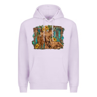 Lilac highland cow family cattle and calf with sunflower and turquoise backg Premium Hoodie - RanaPortraitStore