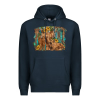Navy highland cow family cattle and calf with sunflower and turquoise backg Premium Hoodie - RanaPortraitStore