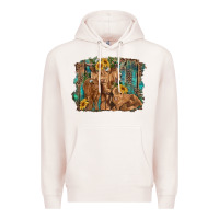 Pale Pink highland cow family cattle and calf with sunflower and turquoise backg Premium Hoodie - RanaPortraitStore