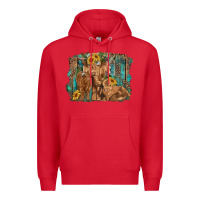 Red highland cow family cattle and calf with sunflower and turquoise backg Premium Hoodie - RanaPortraitStore