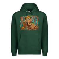 Sports Green highland cow family cattle and calf with sunflower and turquoise backg Premium Hoodie - RanaPortraitStore