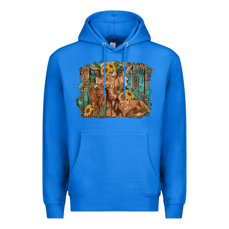 Highland Cow Family Cattle And Calf With Sunflower And Turquoise Backg Premium Hoodie by RanaPortraitStore | Teevron