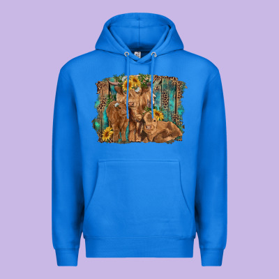 Highland Cow Family Cattle And Calf With Sunflower And Turquoise Backg Premium Hoodie Designed By Ranaportraitstore