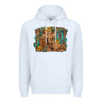 White highland cow family cattle and calf with sunflower and turquoise backg Premium Hoodie - RanaPortraitStore