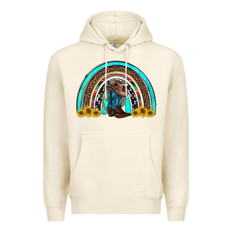 Western Cowboy Boots Sunflowers Rainbow Premium Hoodie by RanaPortraitStore | Teevron