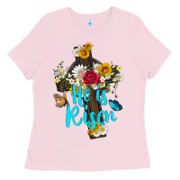 Bubblegum Pink he is rısen with cross and butterfly Ladies Tee - Artiststas