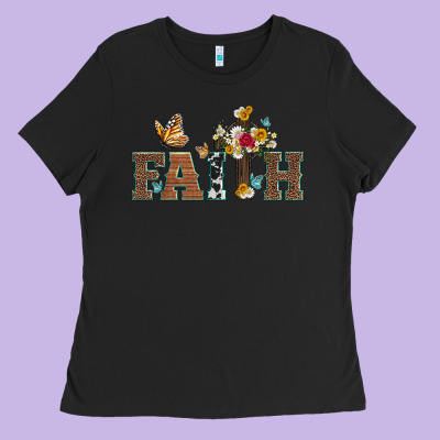 Faith Cross And Butterfly With Sunflower Leopard And Roses Ladies Tee Designed By Artiststas