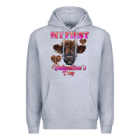 Heather Grey my first valentine's day highland calf Premium Hoodie - RanaPortraitStore
