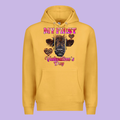My First Valentine's Day Highland Calf Premium Hoodie Designed By Ranaportraitstore