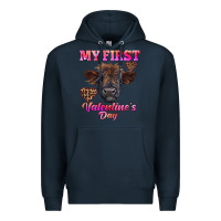 Navy my first valentine's day highland calf Premium Hoodie - RanaPortraitStore