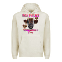 Oatmeal Heather my first valentine's day highland calf Premium Hoodie - RanaPortraitStore