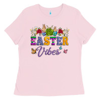Bubblegum Pink easter vibes and butterfly with bunny and flowers Ladies Tee - Artiststas