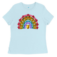 Baby Blue easter and spring with flowers carrots butterfly and sunflower rainbow Ladies Tee - Artiststas