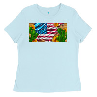 Baby Blue usa flag and cactus and sunflowers with leopard and wood license  plat Ladies Tee - Artiststas