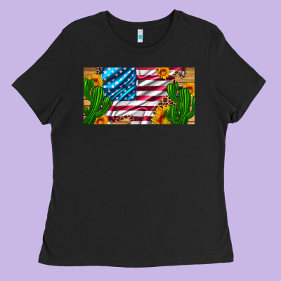 Usa Flag And Cactus And Sunflowers With Leopard And Wood License  Plat Ladies Tee Designed By Artiststas