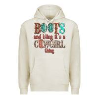 Oatmeal Heather boots and bling its a cowgirl thing Premium Hoodie - texasbilliewilder