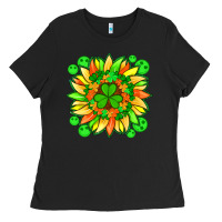 Black sunflower with st patricks smiley face and shamrock with glitter Ladies Tee - Artiststas