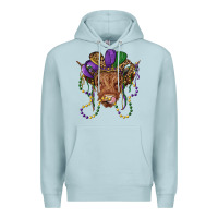 Blue Mist highland cow with mardi gras hat Premium Hoodie - RanaPortraitStore