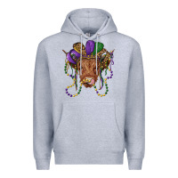 Heather Grey highland cow with mardi gras hat Premium Hoodie - RanaPortraitStore