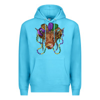 Ocean Blue highland cow with mardi gras hat Premium Hoodie - RanaPortraitStore