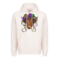 Pale Pink highland cow with mardi gras hat Premium Hoodie - RanaPortraitStore