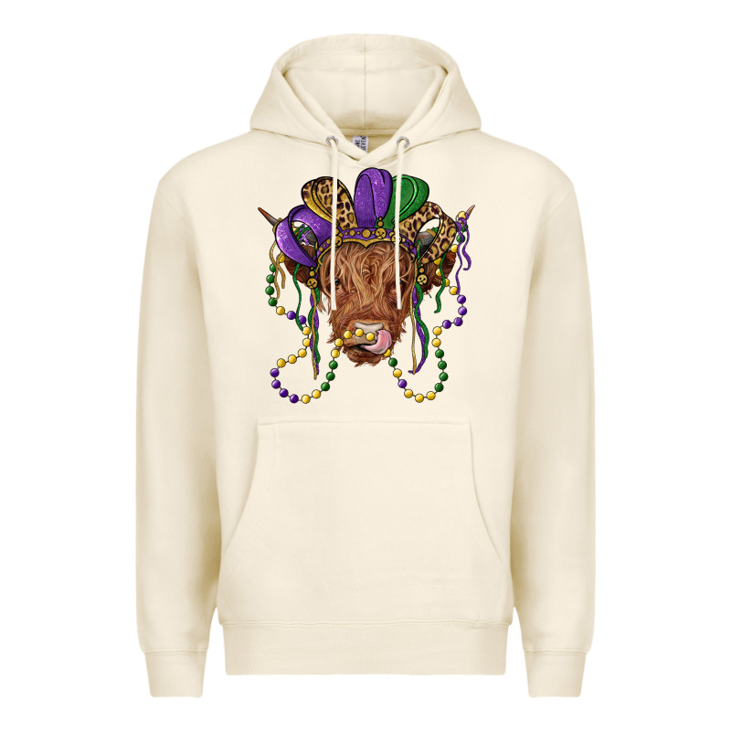 Highland Cow With Mardi Gras Hat Premium Hoodie by RanaPortraitStore | Teevron