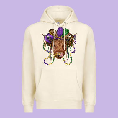 Highland Cow With Mardi Gras Hat Premium Hoodie Designed By Ranaportraitstore