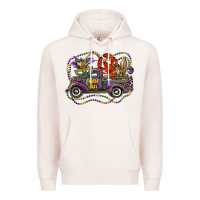 Pale Pink mardi gras truck with mask fleur de lis and crawfish Premium Hoodie - RanaPortraitStore