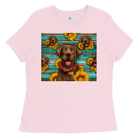 Bubblegum Pink Chocolate Labrador with sunflowers western Ladies Tee - Artiststas